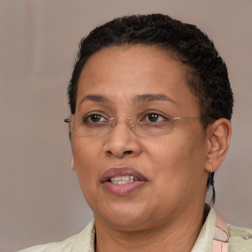 Joyful latino adult female with short  brown hair and brown eyes