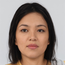 Neutral asian young-adult female with medium  brown hair and brown eyes