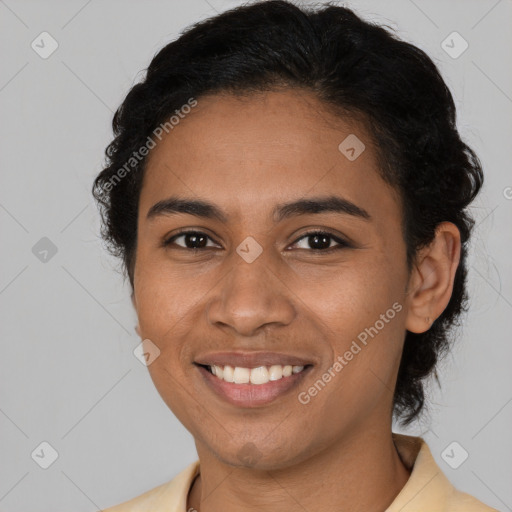 Joyful latino young-adult female with medium  black hair and brown eyes