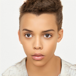 Neutral white young-adult female with short  brown hair and brown eyes