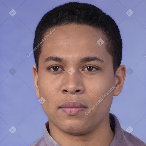 Neutral white young-adult male with short  black hair and brown eyes