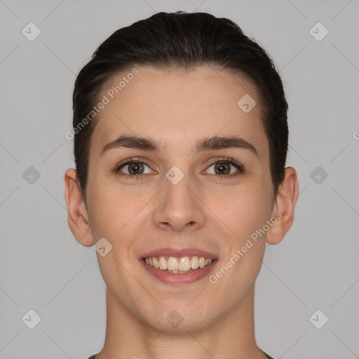 Joyful white young-adult female with short  brown hair and brown eyes