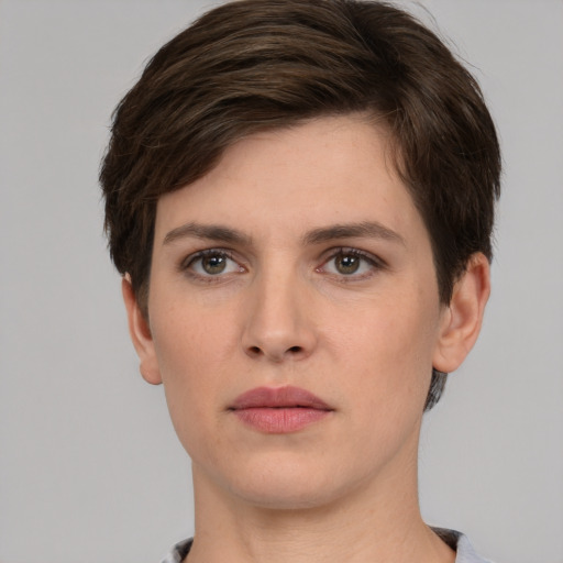 Neutral white young-adult female with short  brown hair and brown eyes