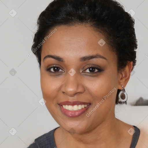 Joyful latino young-adult female with short  brown hair and brown eyes