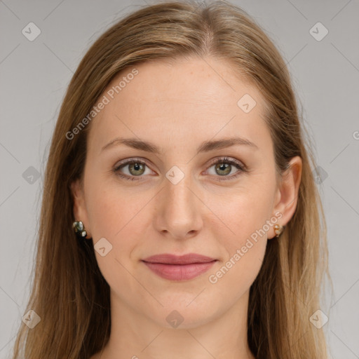 Joyful white young-adult female with long  brown hair and grey eyes