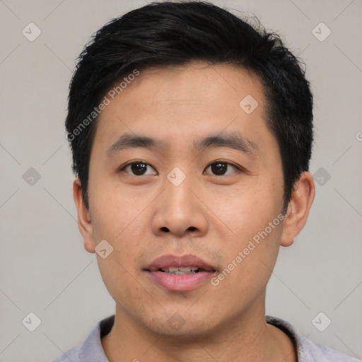 Neutral asian young-adult male with short  black hair and brown eyes