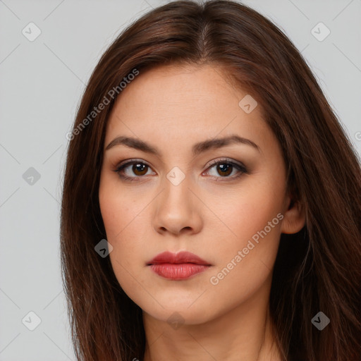 Neutral white young-adult female with long  brown hair and brown eyes