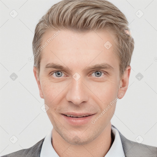 Joyful white adult male with short  brown hair and grey eyes