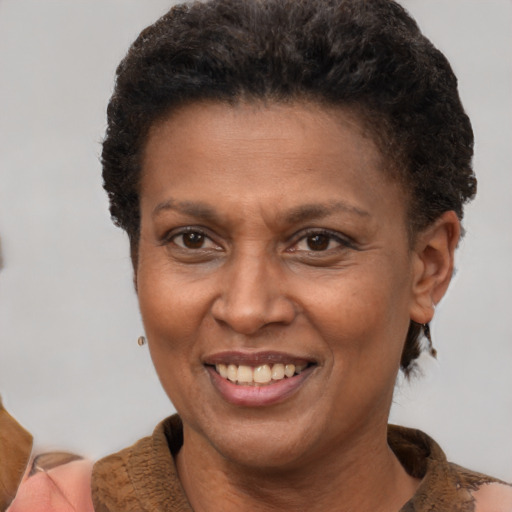 Joyful black adult female with short  brown hair and brown eyes