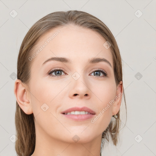 Neutral white young-adult female with medium  brown hair and grey eyes