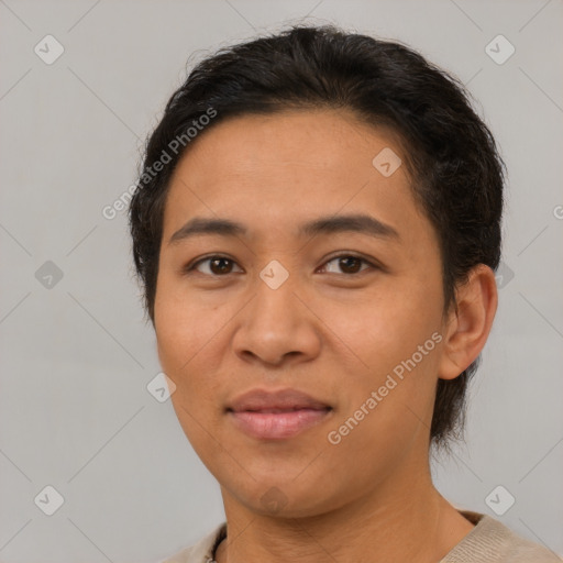 Joyful asian young-adult female with short  brown hair and brown eyes