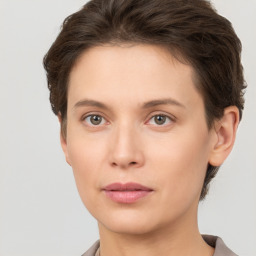 Neutral white young-adult female with short  brown hair and brown eyes