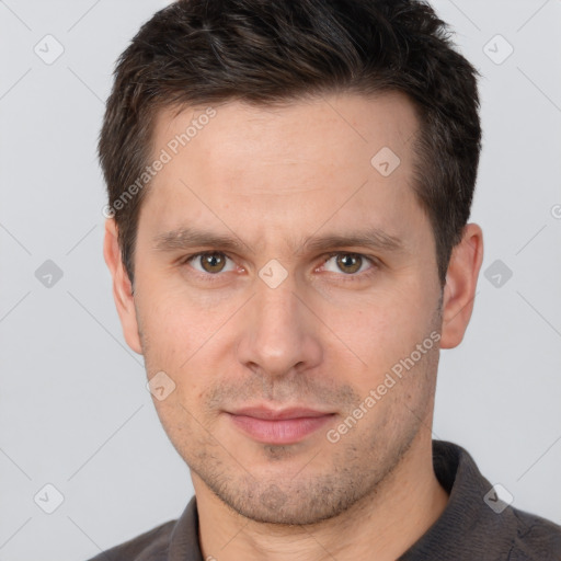 Neutral white adult male with short  brown hair and brown eyes