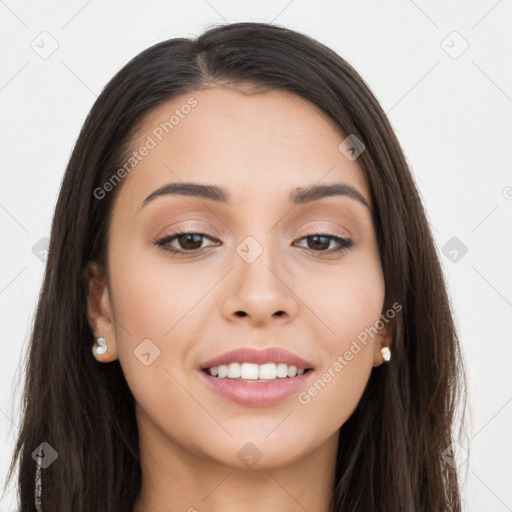 Joyful asian young-adult female with long  brown hair and brown eyes