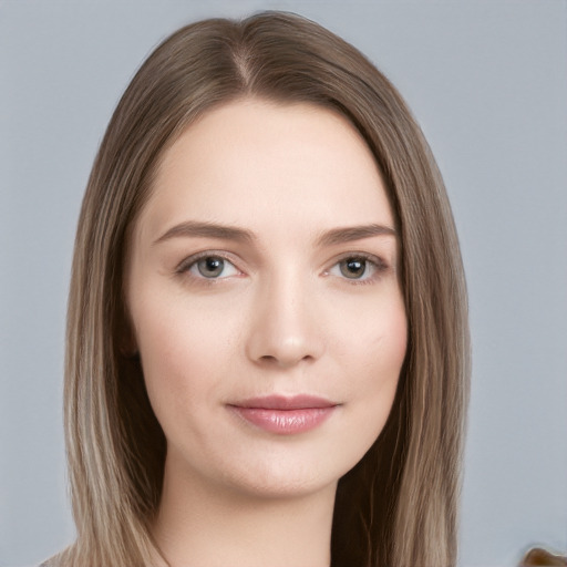 Neutral white young-adult female with long  brown hair and grey eyes