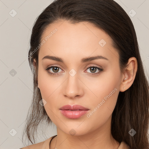 Neutral white young-adult female with long  brown hair and brown eyes