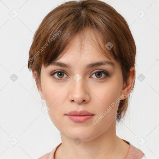 Neutral white young-adult female with medium  brown hair and brown eyes