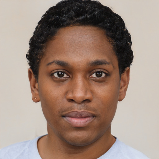 Neutral black young-adult female with short  black hair and brown eyes