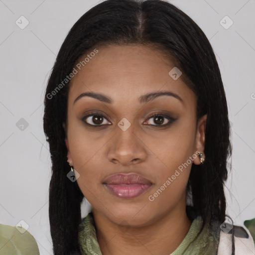 Joyful latino young-adult female with long  brown hair and brown eyes