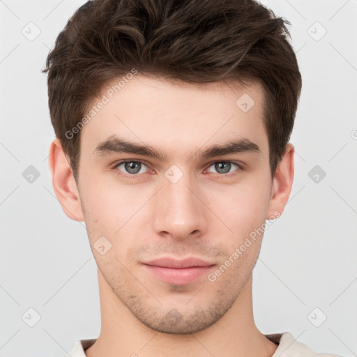 Neutral white young-adult male with short  brown hair and brown eyes