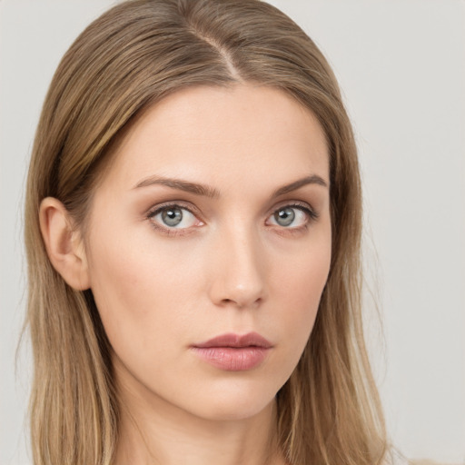 Neutral white young-adult female with long  brown hair and grey eyes