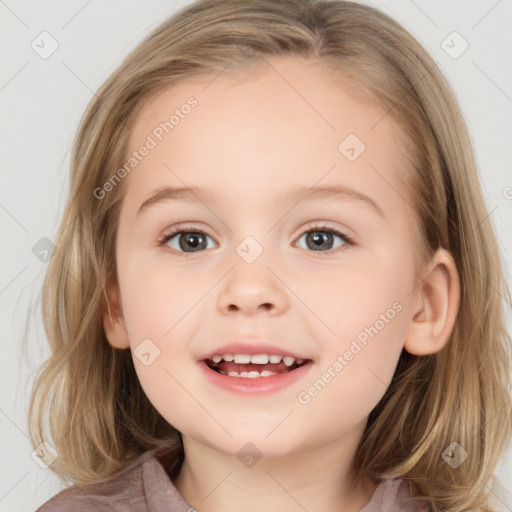 Joyful white child female with medium  brown hair and brown eyes