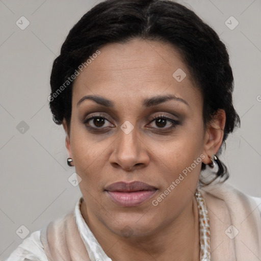 Joyful latino young-adult female with short  brown hair and brown eyes