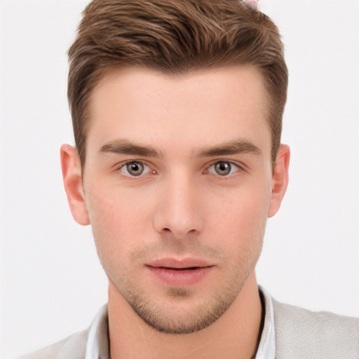 Neutral white young-adult male with short  brown hair and brown eyes