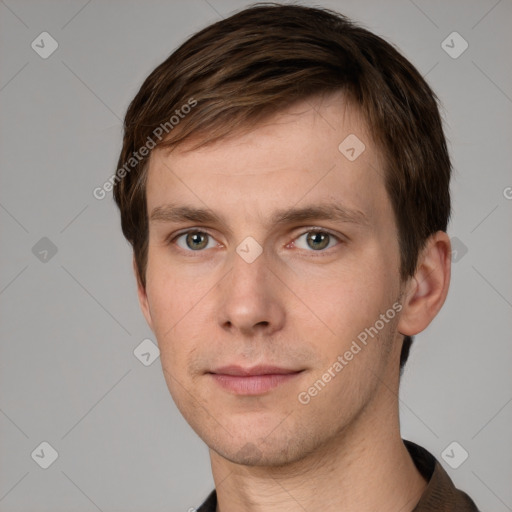 Neutral white young-adult male with short  brown hair and grey eyes