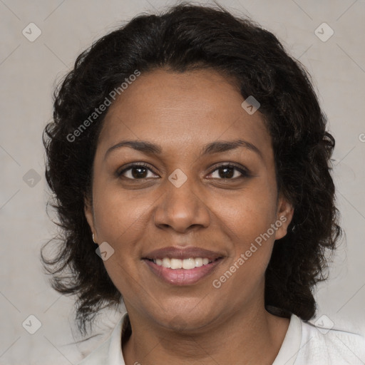 Joyful black young-adult female with medium  brown hair and brown eyes