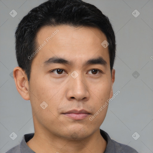 Neutral asian young-adult male with short  black hair and brown eyes