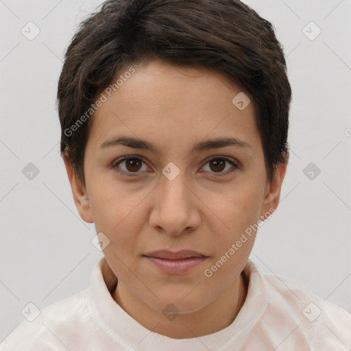 Joyful white young-adult female with short  brown hair and brown eyes