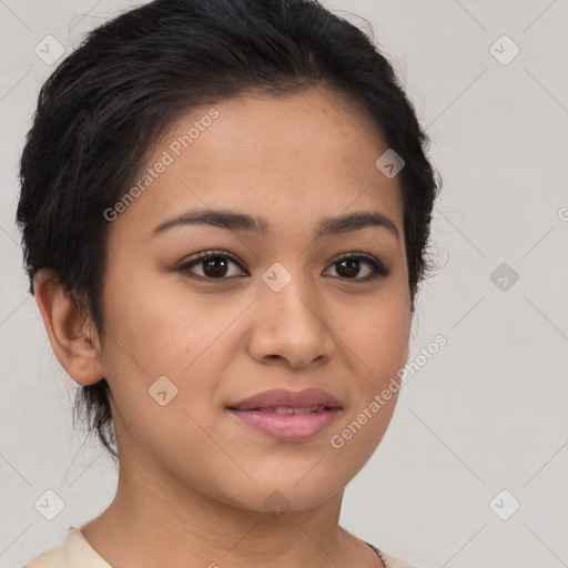 Joyful latino young-adult female with short  brown hair and brown eyes
