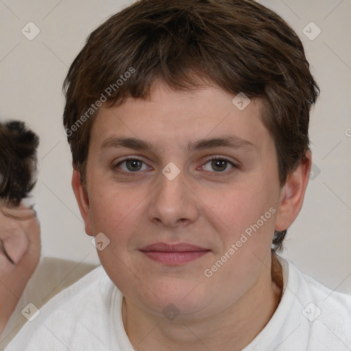 Joyful white young-adult male with medium  brown hair and brown eyes