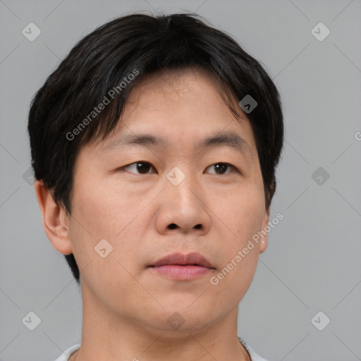 Neutral asian young-adult male with short  brown hair and brown eyes