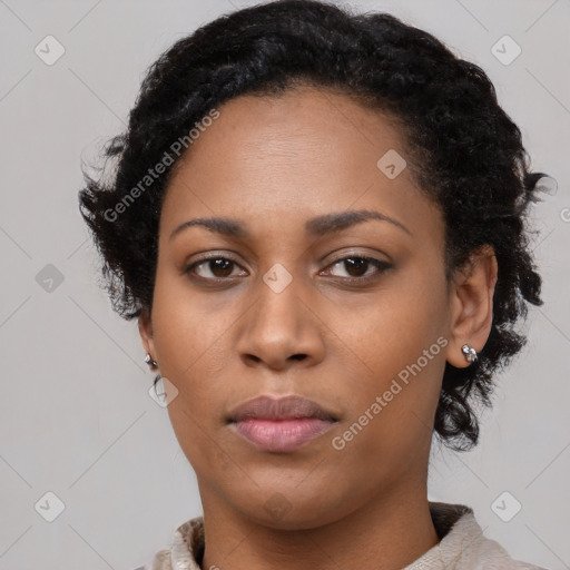 Neutral black young-adult female with short  black hair and brown eyes