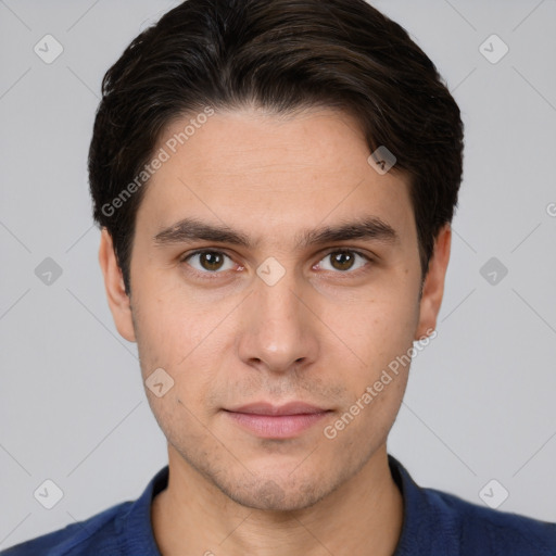 Neutral white young-adult male with short  brown hair and brown eyes