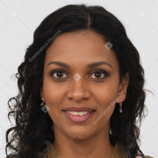 Joyful black young-adult female with long  brown hair and brown eyes