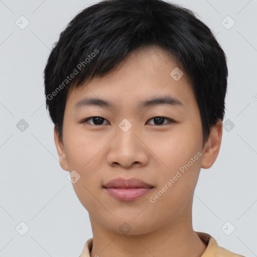 Joyful asian young-adult male with short  black hair and brown eyes