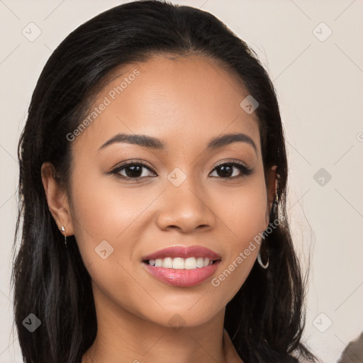 Joyful latino young-adult female with long  brown hair and brown eyes