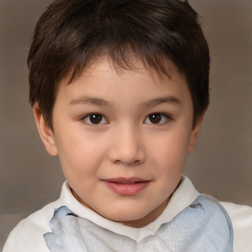 Joyful white child female with short  brown hair and brown eyes