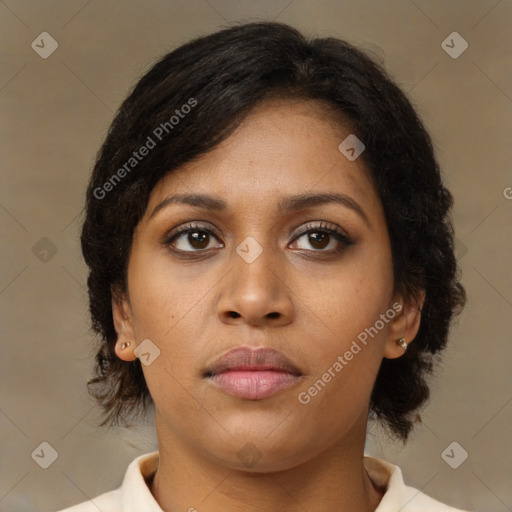 Neutral black young-adult female with medium  brown hair and brown eyes