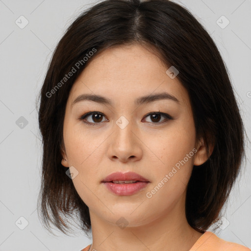 Neutral asian young-adult female with medium  brown hair and brown eyes