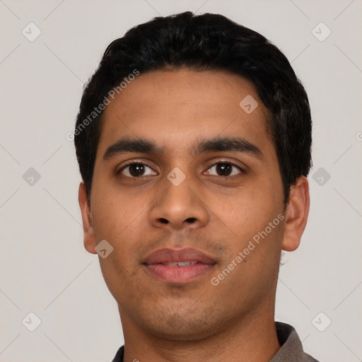 Neutral latino young-adult male with short  black hair and brown eyes