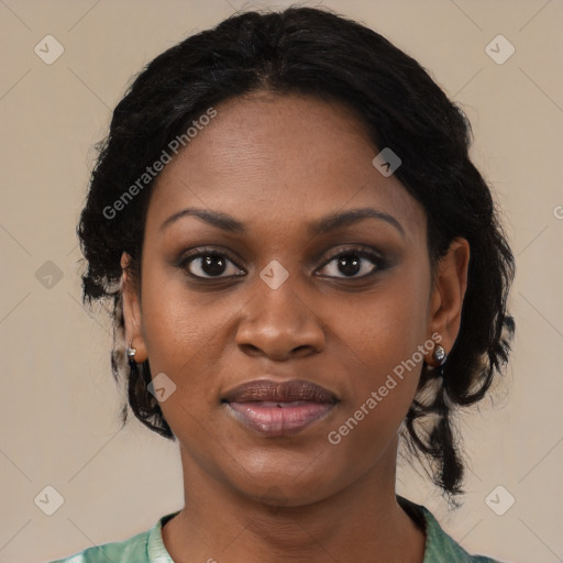 Joyful black young-adult female with medium  black hair and brown eyes