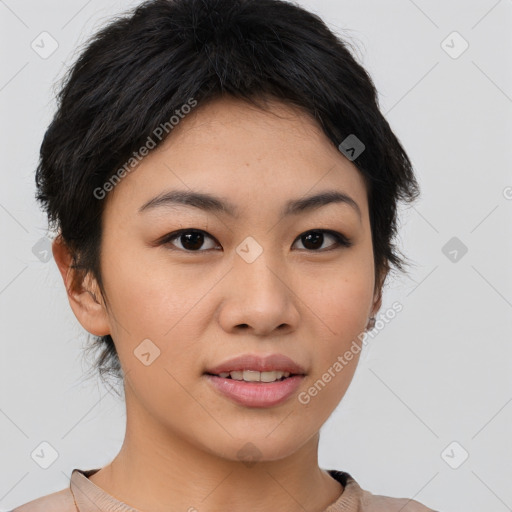 Joyful asian young-adult female with short  brown hair and brown eyes