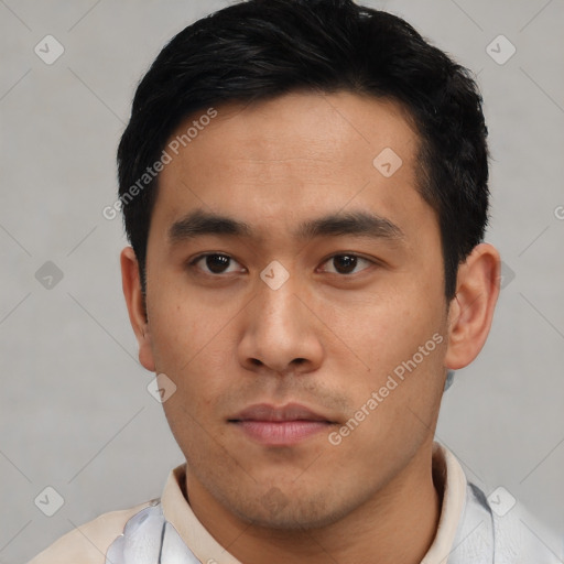 Neutral asian young-adult male with short  black hair and brown eyes