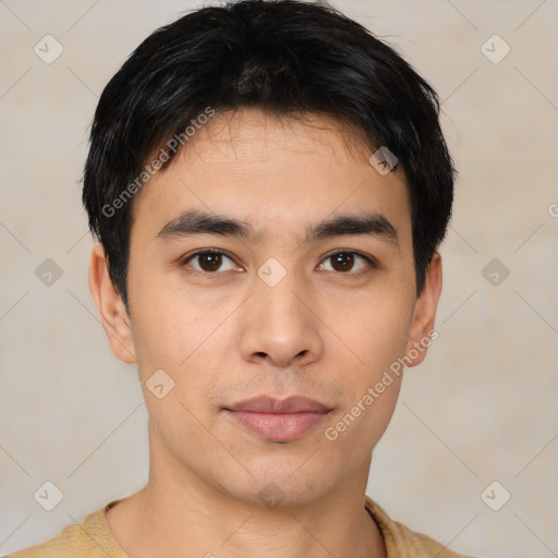 Neutral asian young-adult male with short  black hair and brown eyes