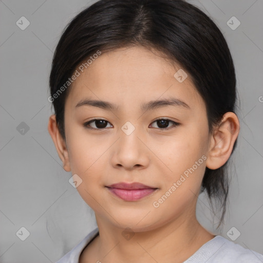 Joyful white child female with medium  brown hair and brown eyes