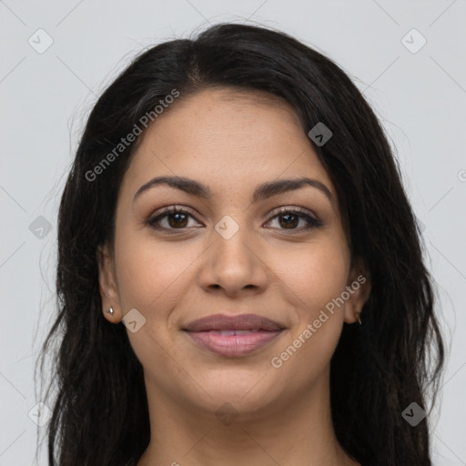 Joyful latino young-adult female with long  brown hair and brown eyes